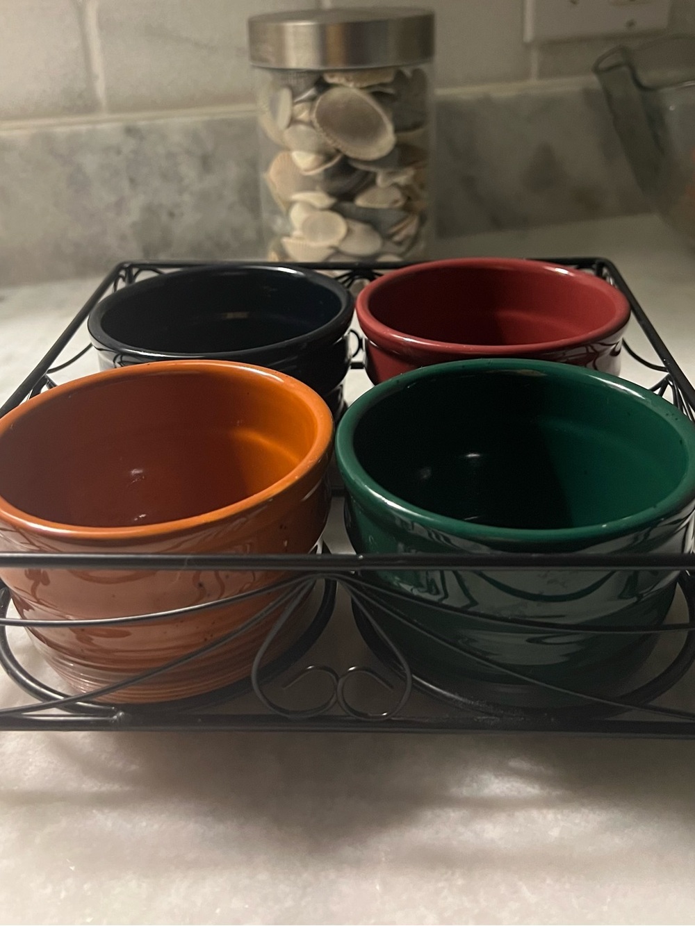 Four-Piece Ceramic Ramekin Set in Black, Red, Orange & Green